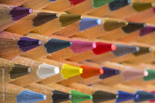 Colored pencils of various colors, close up