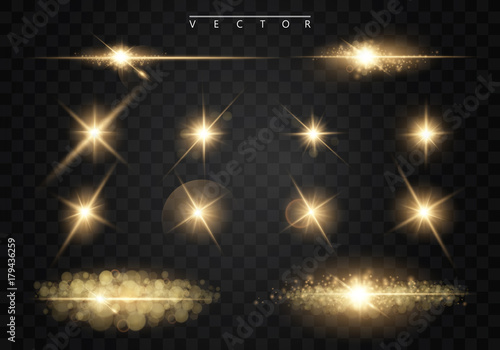 Set. Shining star, the sun particles and sparks with a highlight effect, color bokeh lights glitter and sequins. On a dark background transparent. Vector, EPS10