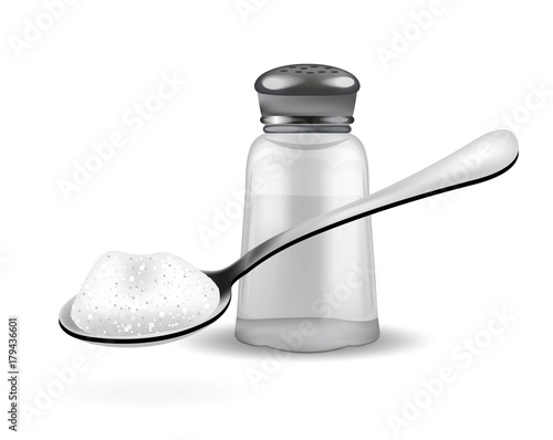 Realistic 3d salt shaker and spoon with salt. Isolated on white background. Glass jar for spices. Ingredients for cooking concept. Vector illustration