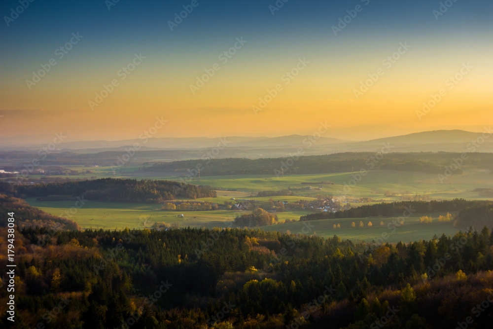 Autumn aerial view to czech countryside on sunset
