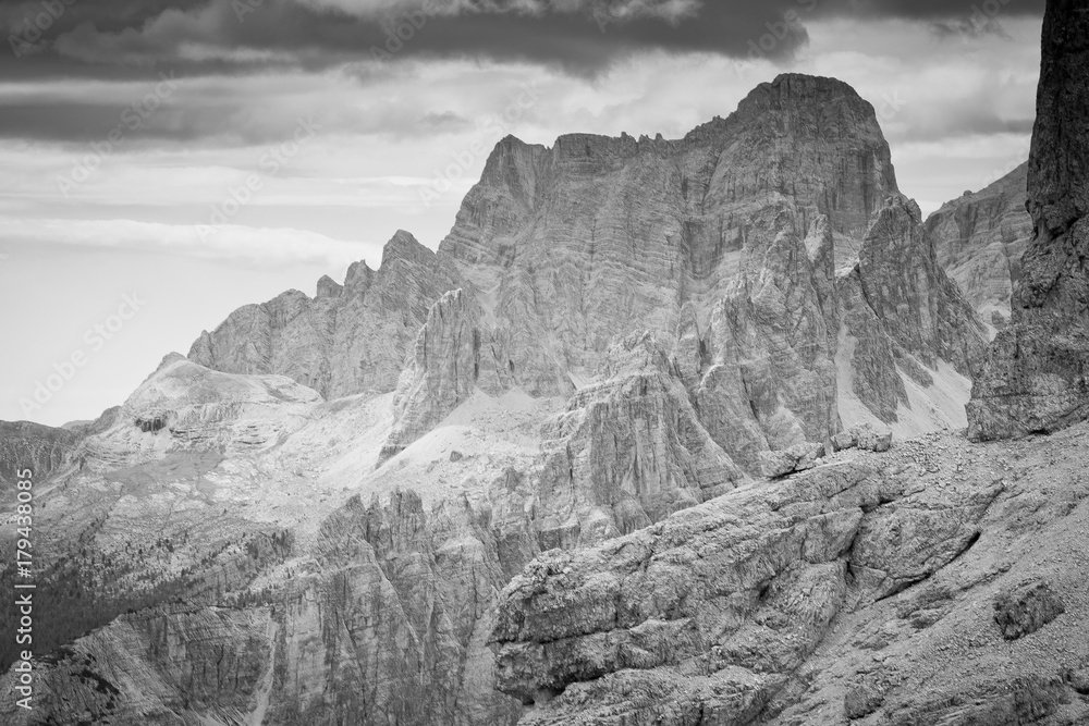Black and white awesome dolomitic pinnacles and walls, Cortina d'Ampezzo, Dolomites, Veneto, Italy