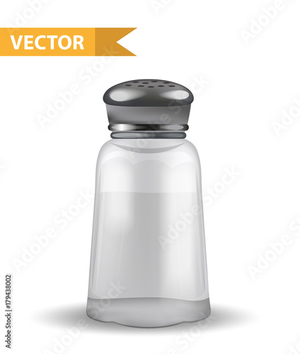 Realistic 3d salt shaker. Glass jar for spices. Isolated on white background. Ingredient for cooking. Vector illustration
