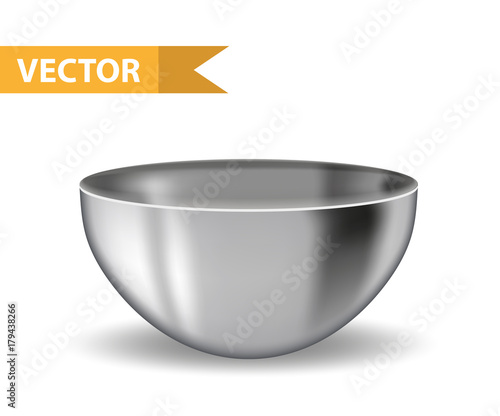 Realistic 3D steel bowl. Iron deep plate. Utensils for commercial and home kitchens. Isolated on white background. Vector illustration