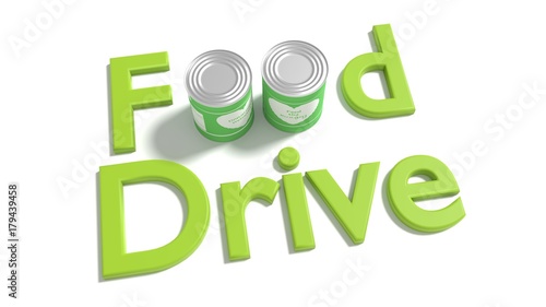 The words food drive on white where the o of food are replaced by two tin cans