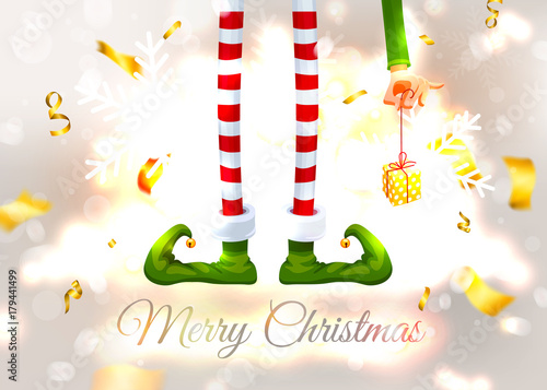 Elf's legs and Elf's hand with a gift. Funny assistant to Santa Claus. Festive Blurred White Silver Background. Christmas composition. New Year vector illustration