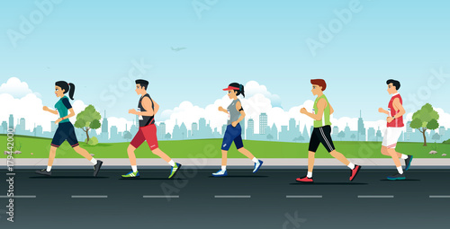 Male and female marathons are running on streets with city backdrops.