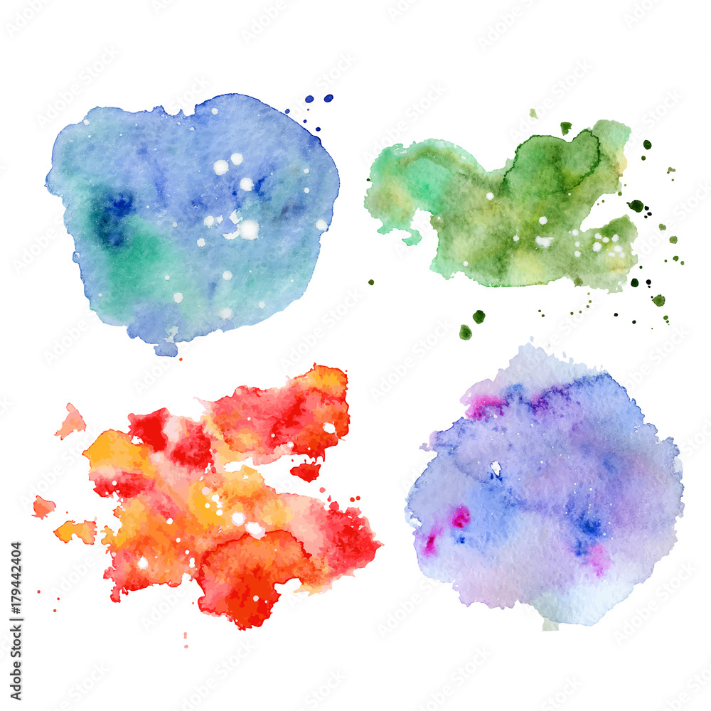 Obraz premium Blue, green and red Watercolor splash, spot, dot and stripe isolated on white background. 