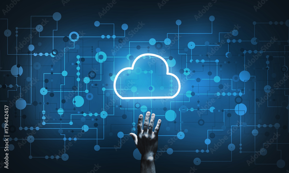 Technology idea concept with glowing cloud icon and touching it finger Technology idea concept with glowing cloud icon and touching it finger