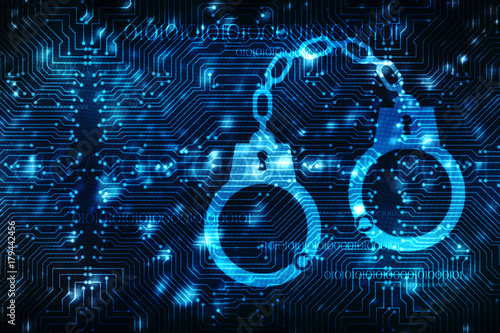 Cyber Security concept: pixelated handcuffs icon on digital background, Cyber crime concept,  3d render