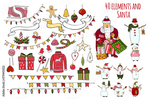Set for winter design. Christmas and new year attributes: sweater, gifts, skates sweets, garland, flags, Christmas toys, candle, christmas tree, candy, sweets.