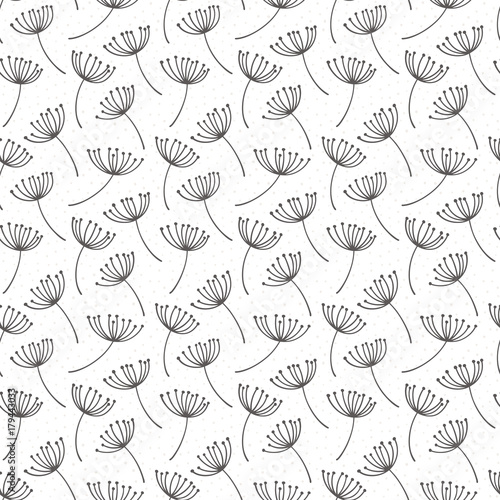 Hand drawn pattern with decorative dandelion seeds. Stylized colorful branches. Summer spring background, nature collection. Vector illustration