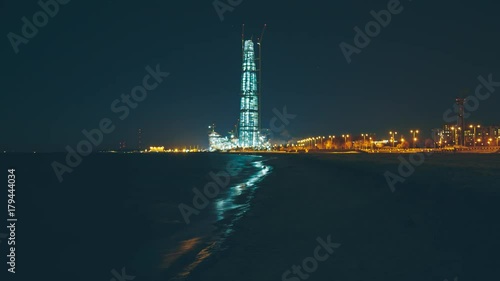 Timelapse panorama to the Lahta center at night