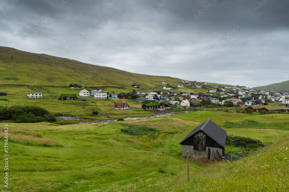 Houses in Sorvagur at the Vagar island on the Faroe Islands