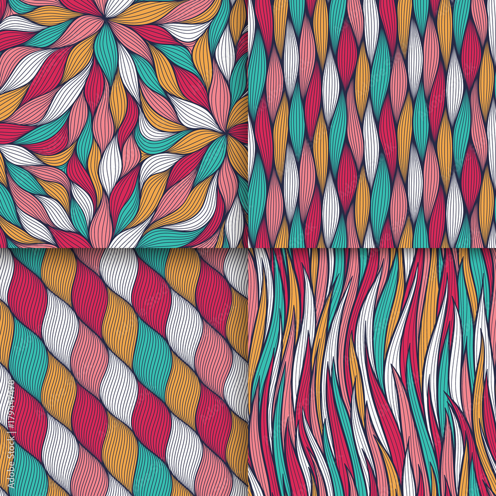 Abstract wavy lines seamless patterns set. Floral organic like vector illustration. Bright colorful seamlessly tiling background collection. Abstract wavy lines seamless patterns set. Floral organic like vector illustration. Bright colorful seamlessly tiling background collection.