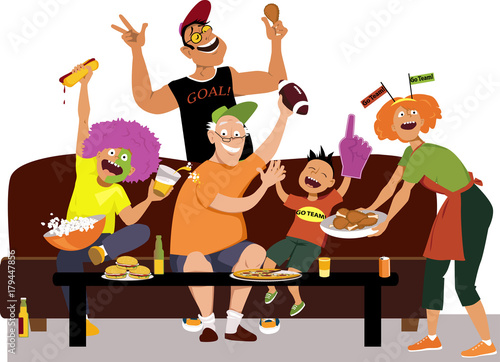 Family watching a football game on TV, eating and cheering, EPS 8 vector illustration
