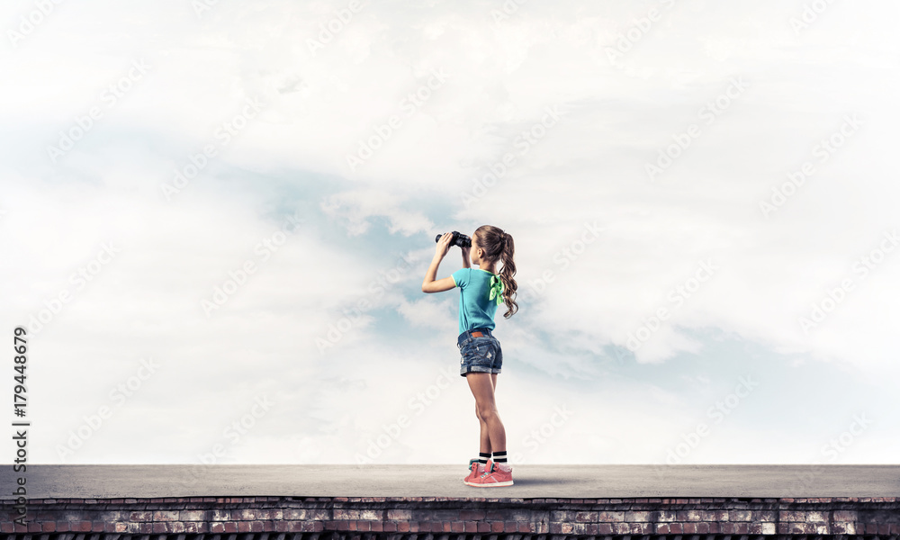 Concept of careless happy childhood with girl of school age look Concept of careless happy childhood with girl of school age look