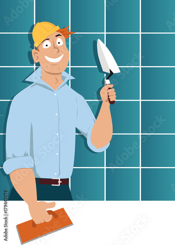 Man with a trowel and a tiling float standing in front of a wall covered with ceramic tiles, EPS 8 vector illustration