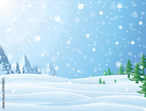 Daytime snowy scene with ridge and christmas trees. Snowfall against winter landscape of mountains and pines. Vector image for new years day, christmas, winter holiday, new years eve, silvester, etc