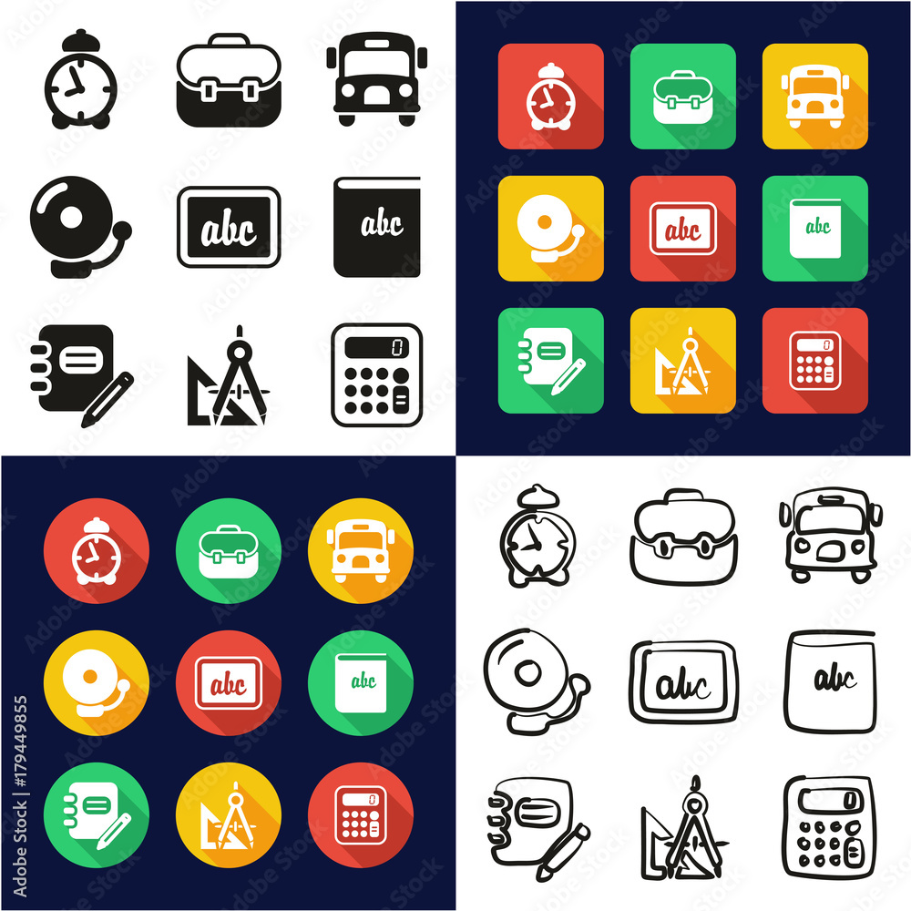 School All in One Icons Black & White Color Flat Design Freehand Set