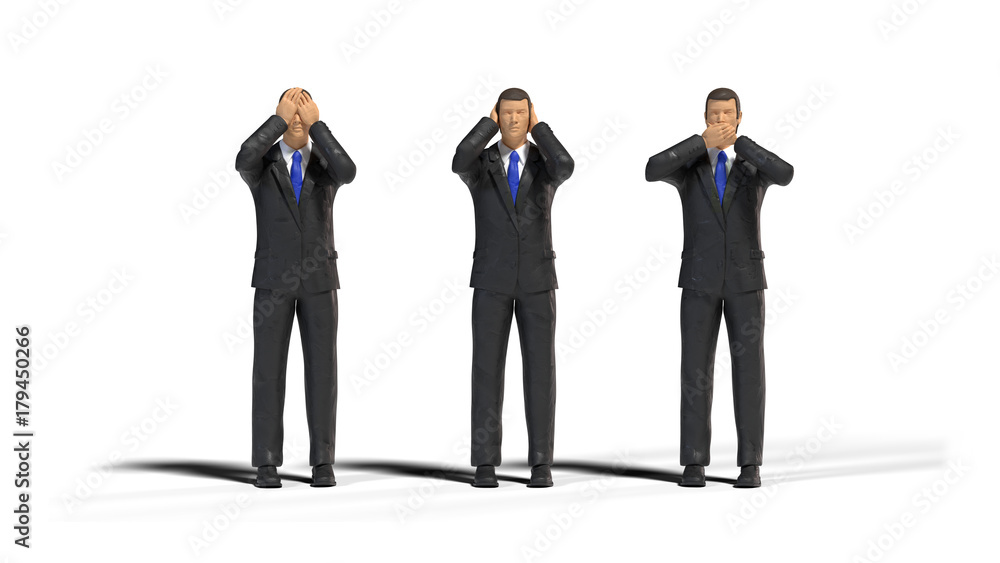 3 miniature figure businessmen in three wise monkeys pose isolated with shadow on white background (see no evil, hear no evil, speak no evil) 3 miniature figure businessmen in three wise monkeys pose isolated with shadow on white background (see no evil, hear no evil, speak no evil)