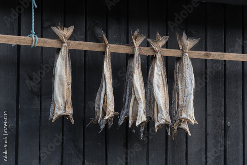 dried cod outside a house in the Faroe Islands