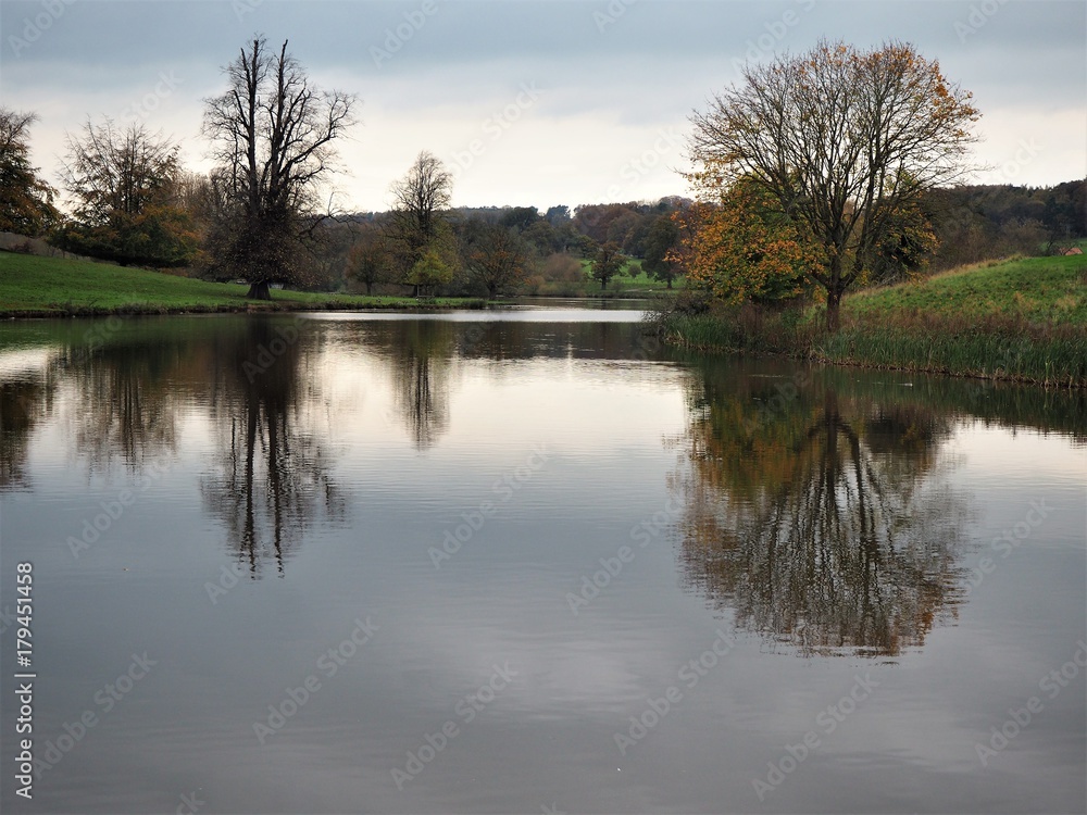Trees reflected in a lake at Ripley, North Yorkshire, England