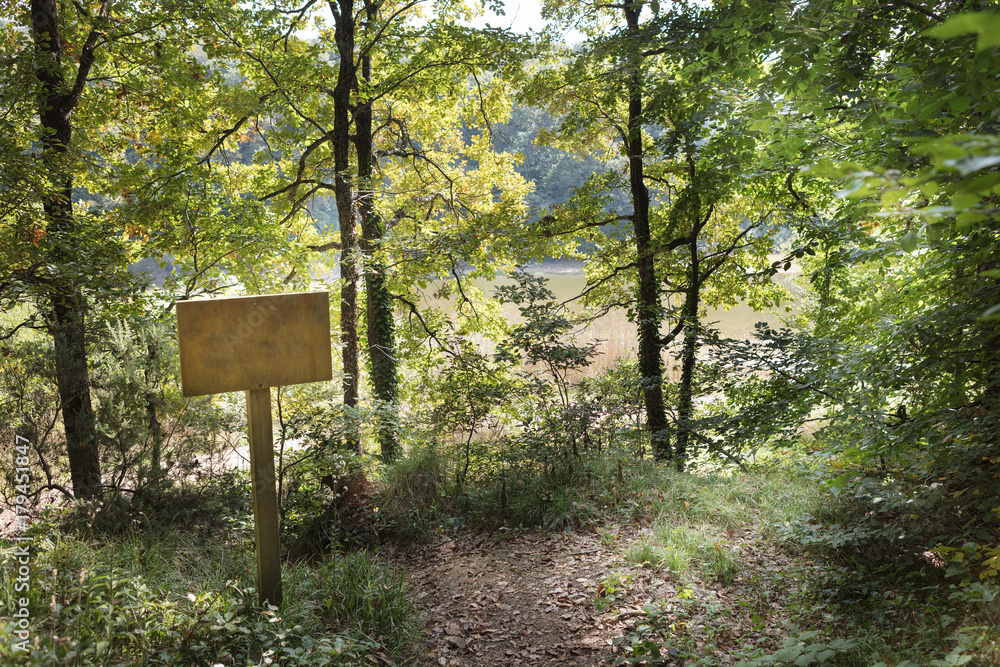Empty signboard in front of an autumn forest Empty signboard in front of an autumn forest