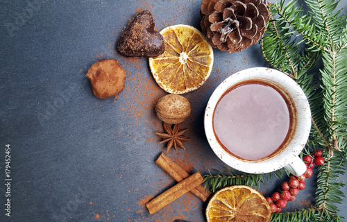 Christmas background with fir tree  nuts and hot chocolate