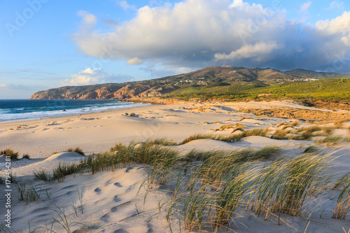 Wallpaper Mural Sunny beach with sand dunes and blue sky and a mountain in background. Guincho beach in Cascais Portugal Torontodigital.ca
