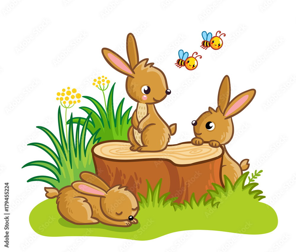 Fototapeta premium Cute rabbits sitting around the stump. Vector illustration with animals in children's cartoon style.
