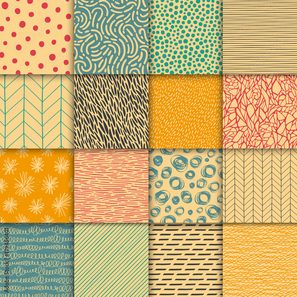 Abstract hand drawn geometric simple minimalistic seamless patterns set. Polka dot, stripes, waves, random symbols textures. Bright colorful vector illustration. Template for your design Abstract hand drawn geometric simple minimalistic seamless patterns set. Polka dot, stripes, waves, random symbols textures. Bright colorful vector illustration. Template for your design