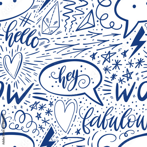Calligraphy hand lettering seamless pattern. Positive signs, star, heart, speech bubbles, geometric forms. Perfect for print, textile, t-shirts, phone cases. Modern surface design. Vector illustration