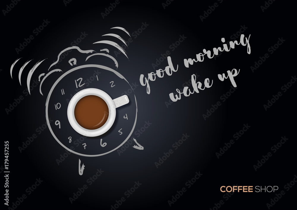 Cup of coffee with hand drawn alarm clock. Good morning concept. Vector illustration