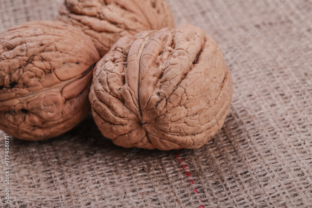 Fototapeta premium big walnuts on burlap