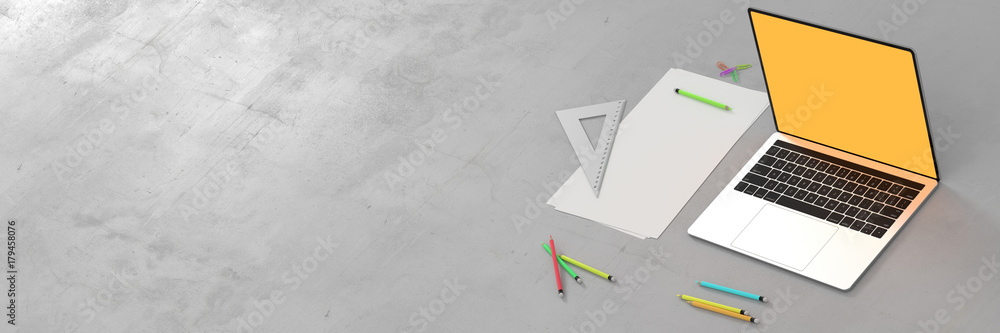 Empty concrete infinite top with a notebook and some office stuff. Horizontal banner with copy space, original 3d rendering and models Empty concrete infinite top with a notebook and some office stuff. Horizontal banner with copy space, original 3d rendering and models