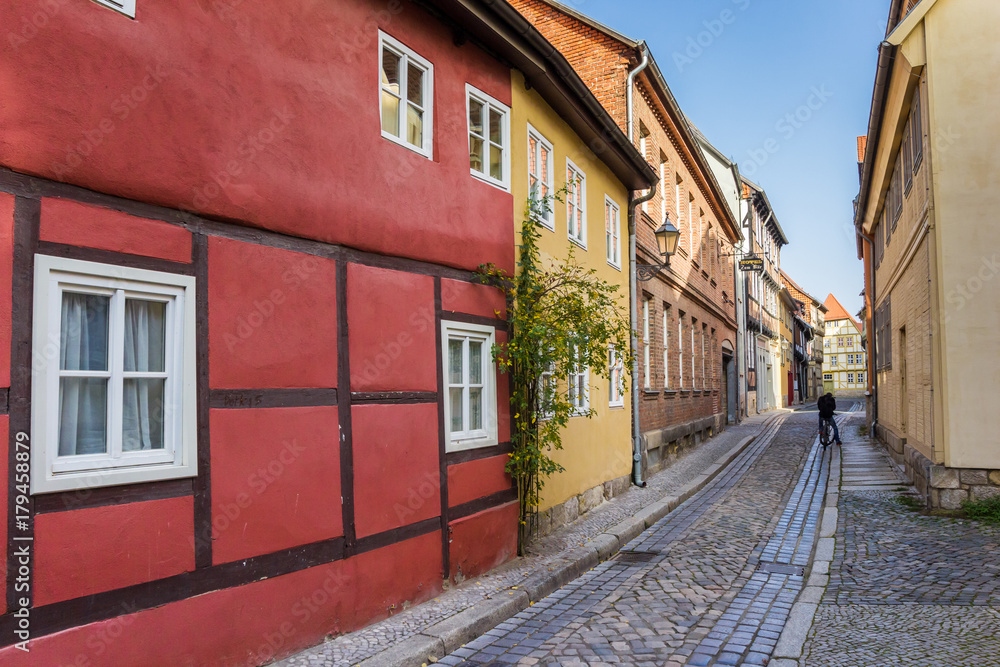 Colorful cobblestoned street in the old center of Quedlinburg