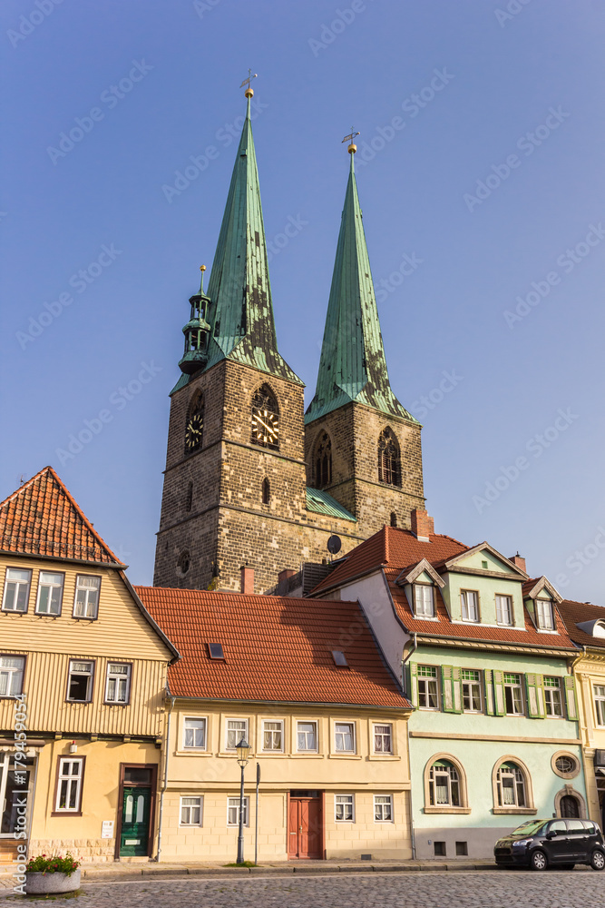 Old houses and the Nikolai church in Quedlinburg