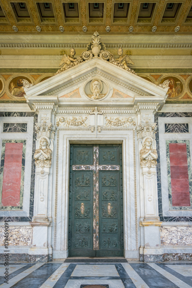 Main entrance ot the Basilica of Saint Paul outside the walls in Rome, Italy.
