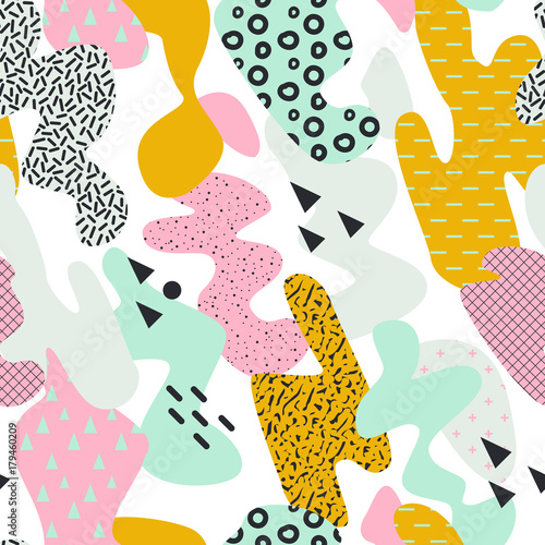 Abstract Memphis Style Seamless Pattern with Brush Strokes. Vintage 80-90s Fashion Trendy Composition for Wallpaper, Poster, Banners, Cover Design. Vector illustration