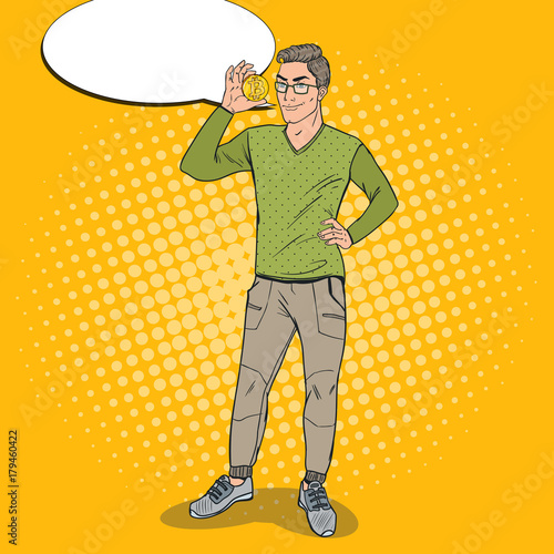 Pop Art Smart Guy Holding Golden Bitcoin. Virtual Crypto Currency. Vector illustration