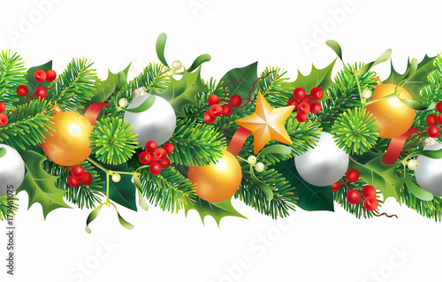 Christmas seamless border with fir isolated on white. Vector illustration. 