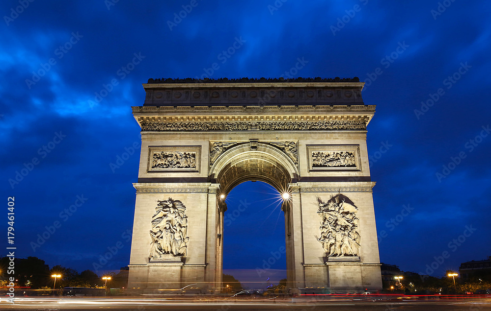 The Triumphal Arch in evening, Paris, France.