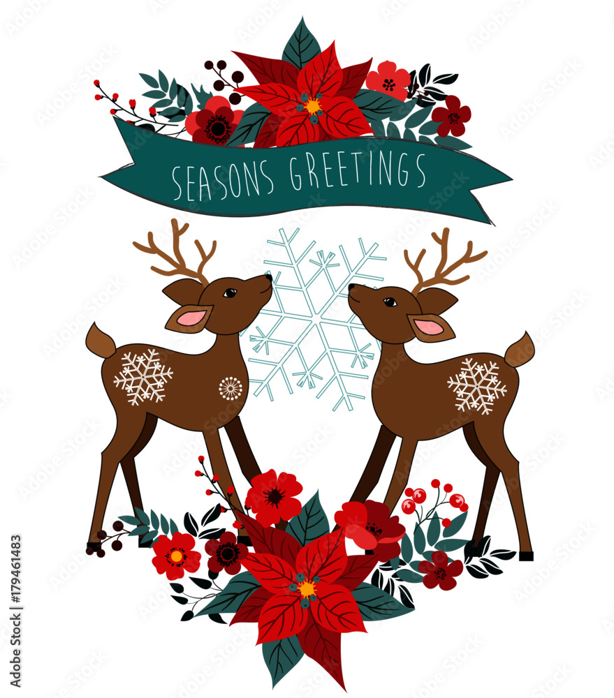 Naklejka premium Christmas banner with deer and poinsettia