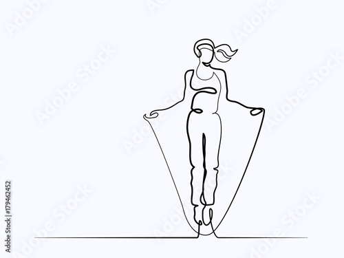 Continuous line drawing. Happy jumping woman. Vector illustration. Concept for logo, card, banner, poster flyer