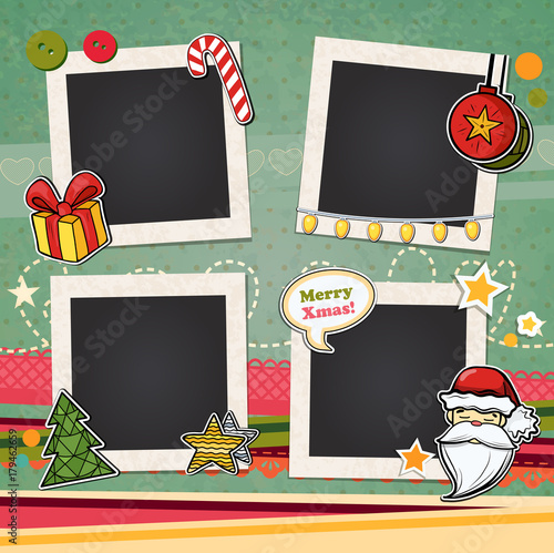 Decorative vector template frame. This photo frame you can use for kids picture or memories. Scrapbook design concept. Insert your picture. Merry Christmas and Happy New Year