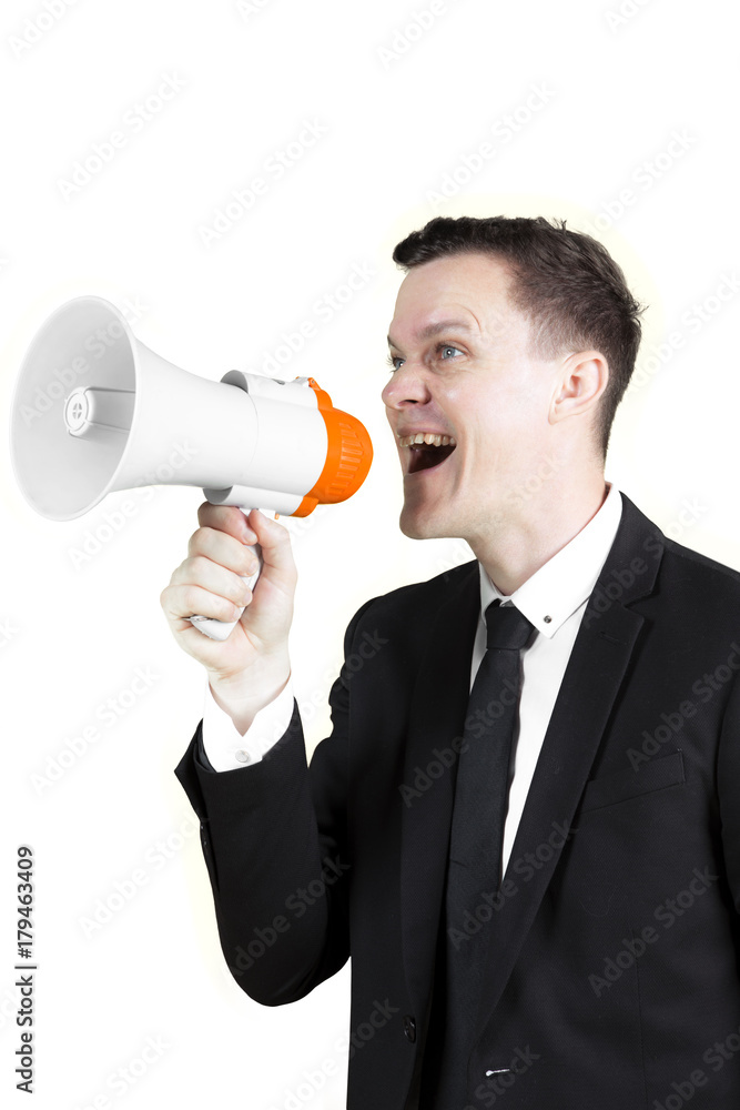 European businessman talking through a megaphone European businessman talking through a megaphone