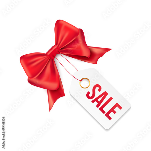 Sale tag with red gift bow. Vector sale paper label illustration for christmas discount promotion