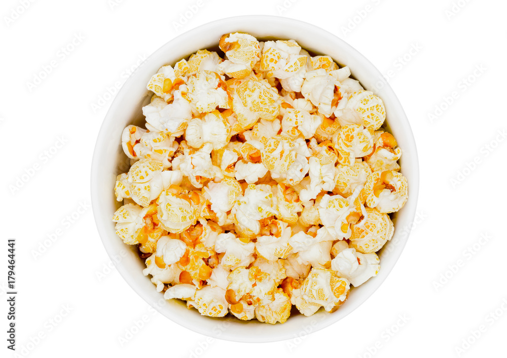 Popcorn salty sweet snack in white bowl Popcorn salty sweet snack in white bowl