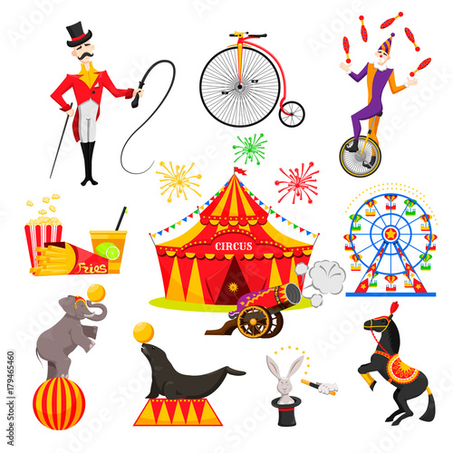 a set of images on a circus theme, circus performances of trained animals, a trainer and a clown