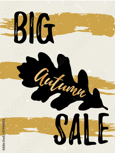 Autumn Sale golden lettering typography design with black oak leaf and brush stroke. Vector illustration for modern flyer, banner, poster template.